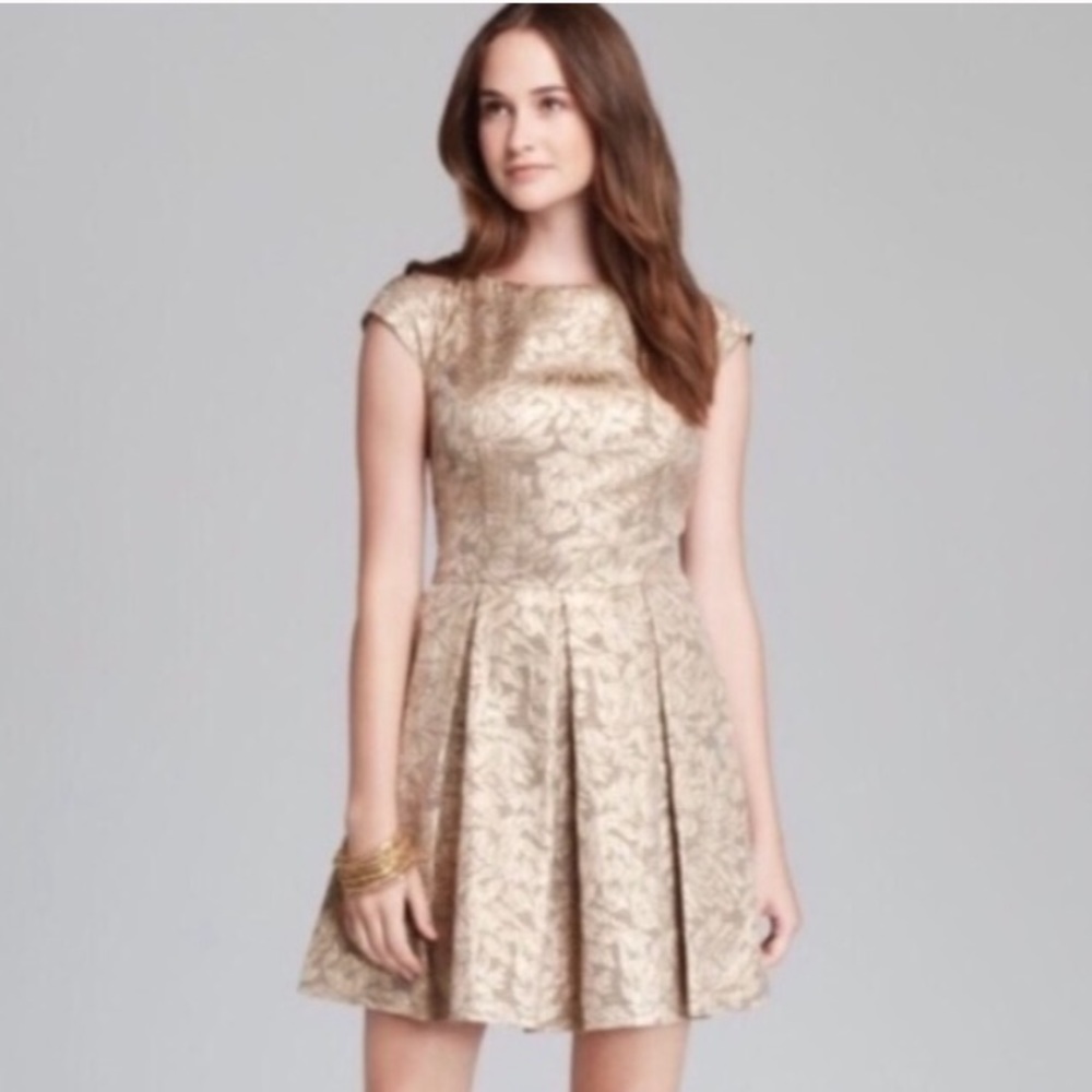 French connection gold foil jacquard dress